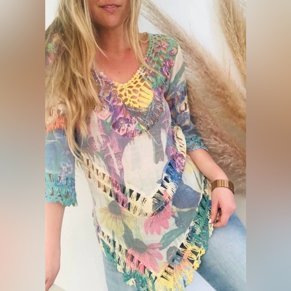 Boho Crochet Trim Floral Tunic Top - Multicolor